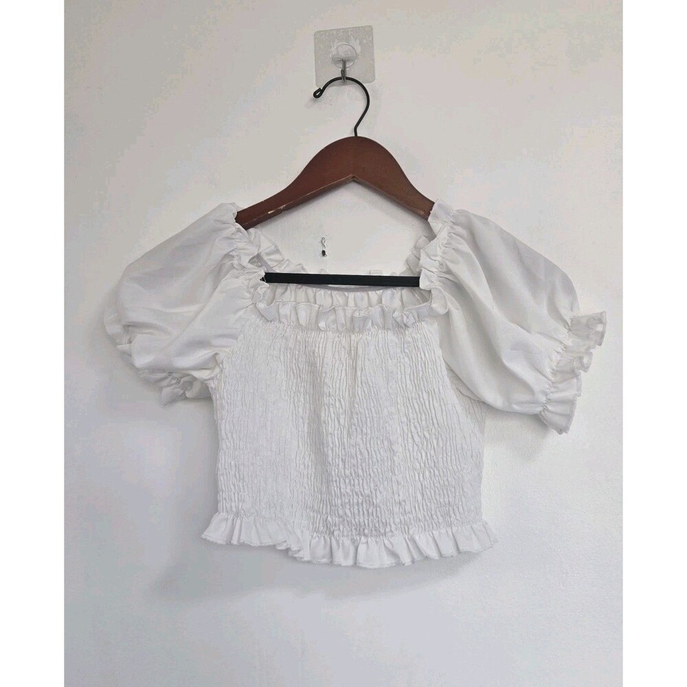 Romwe Blouse Womens‎ M White Smocked Puff Peasant Sleeve Festival Boho Coquette